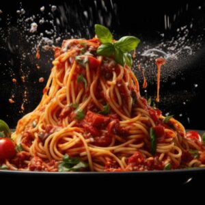 a plate of spaghetti with tomato sauce and basil sprinkles. . generative ai